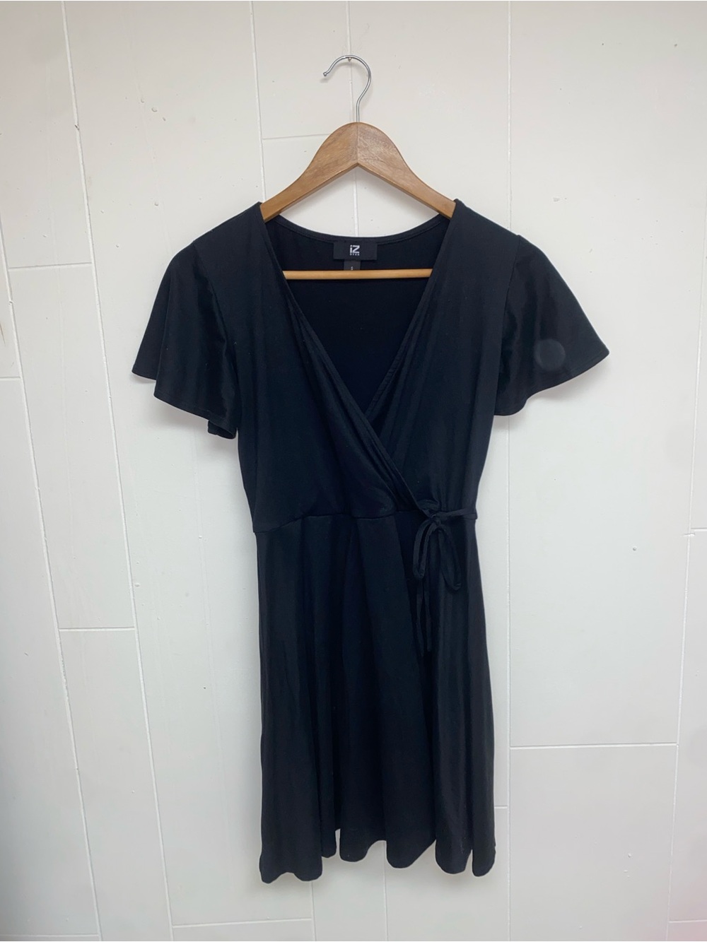 Kensie Black Wrap Dress with Tie Waist and Flutter Sleeves